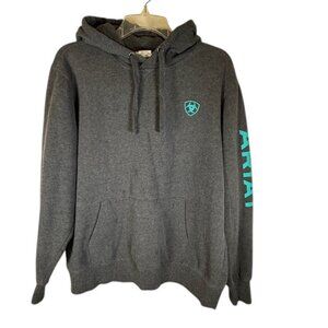 Ariat Charcoal Pullover Hoodie with Teal Logos and Front Pocket- Womens Size L